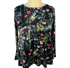 Tunic Top Women's M/L Navy Velour with Metallic Floral Print Long Slve Boat Neck